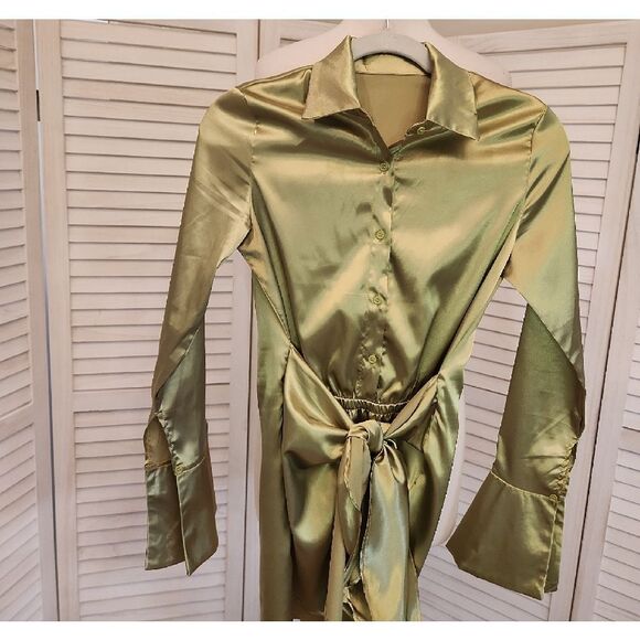 Satin Green Shirt Dress Size S - Picture 2 of 5